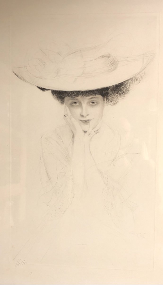 Paul Cesar HELLEU 1859-1927 GRANDE pointe sèche Jeune femme au chapeau Sagot à Paris signée -photo-4