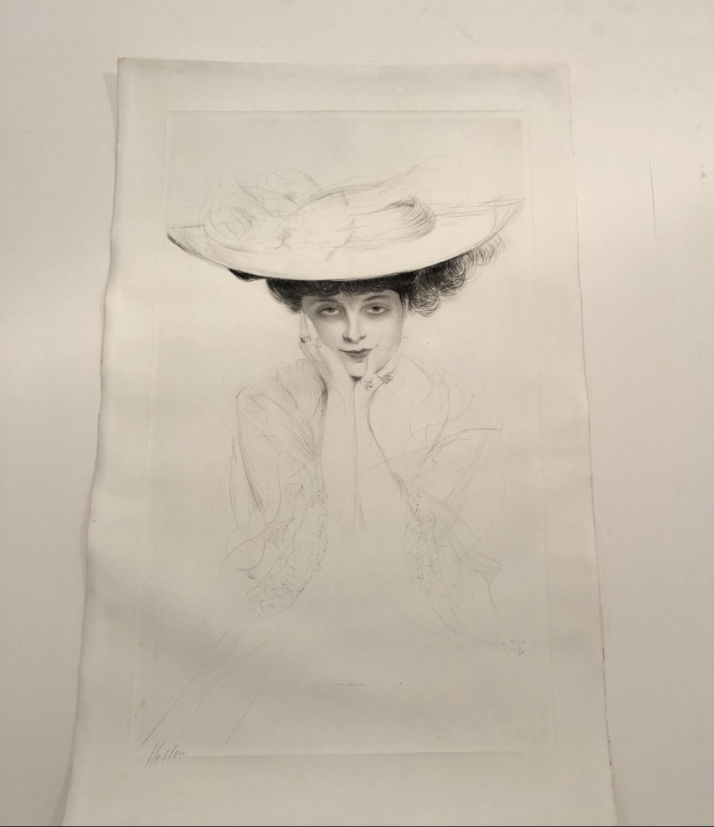 Paul Cesar HELLEU 1859-1927 GRANDE pointe sèche Jeune femme au chapeau Sagot à Paris signée -photo-1