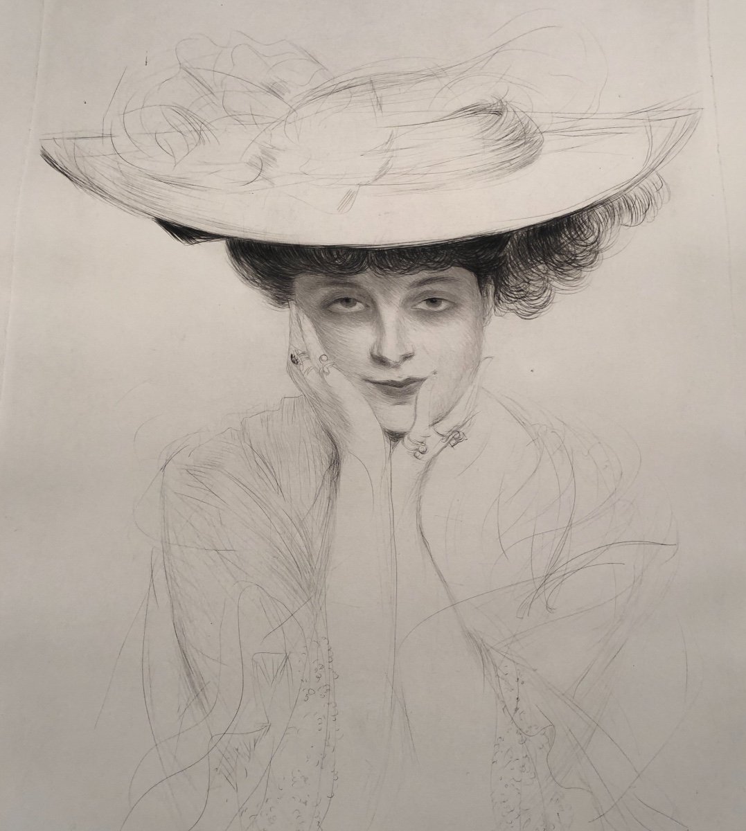 Paul Cesar HELLEU 1859-1927 GRANDE pointe sèche Jeune femme au chapeau Sagot à Paris signée 