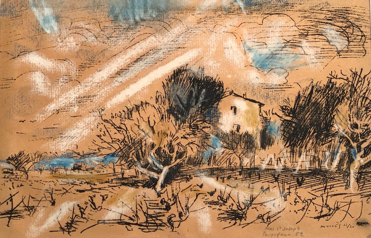 Martin Vives 1905-1991 Lithograph And Pastel Perpignan 1952 Vivès Roussilllon