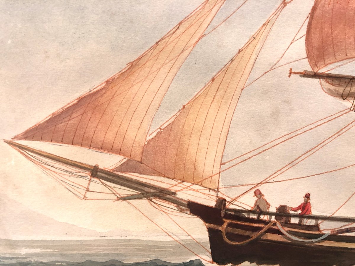 Auguste Muterse 1809-1879 Rare Large Watercolor XIX Marseille Boat Marine-photo-8