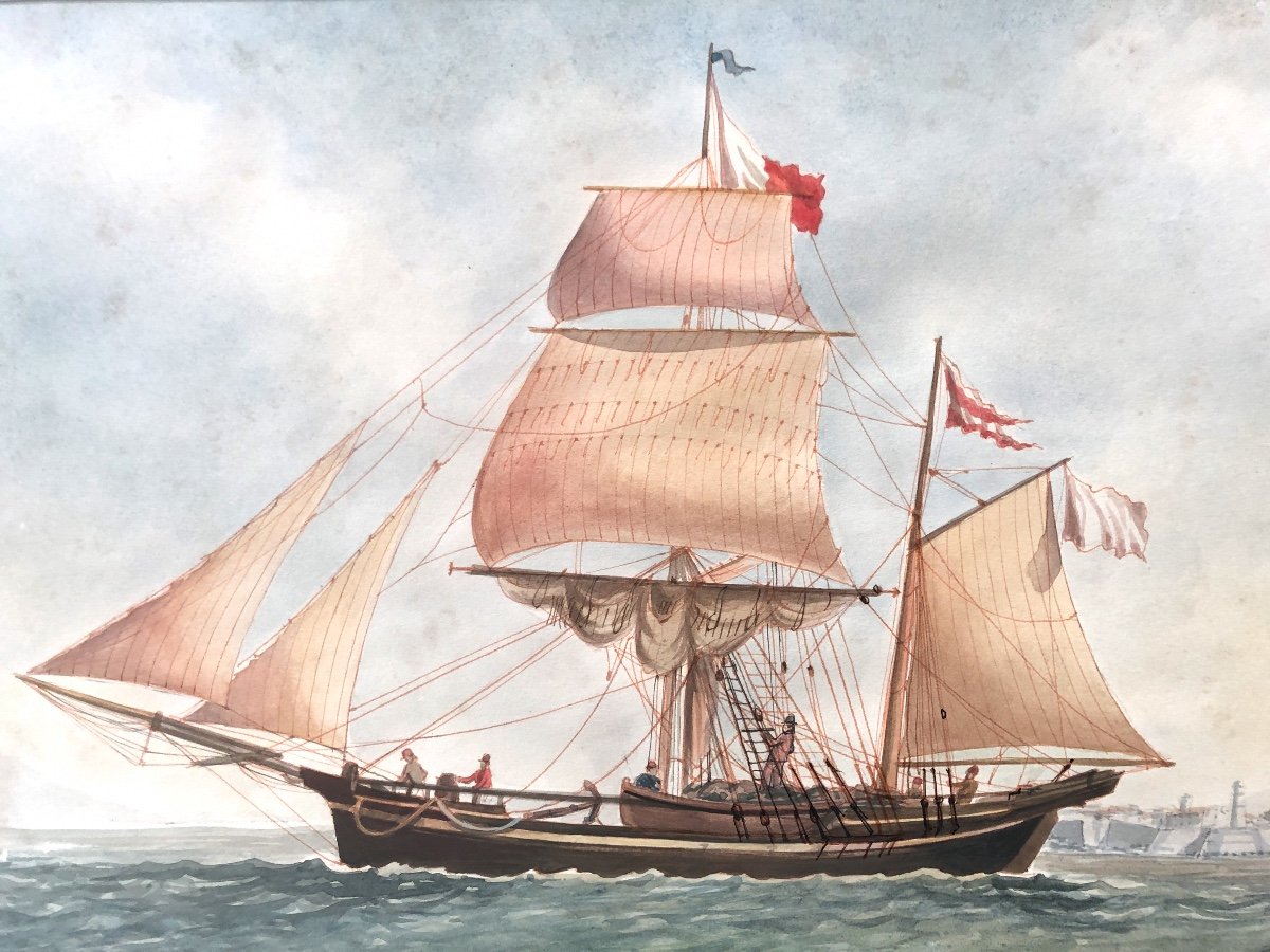 Auguste Muterse 1809-1879 Rare Large Watercolor XIX Marseille Boat Marine