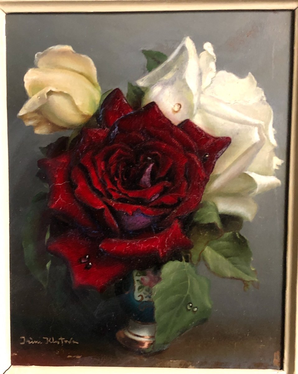 Irène KLESTOVA 1908-1988 Russe BOUQUET DE ROSES et perles de rosée-photo-3