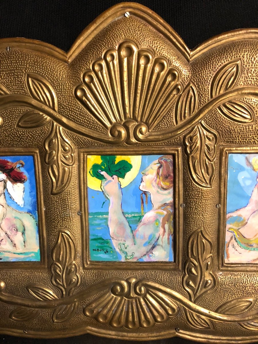 José Garcia Ocejo 1928-2019 Mexico Rare 3 Gouaches In A Brass Frame Mexican Artist-photo-2