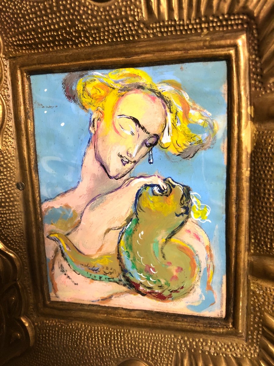 José Garcia Ocejo 1928-2019 Mexico Rare 3 Gouaches In A Brass Frame Mexican Artist-photo-2