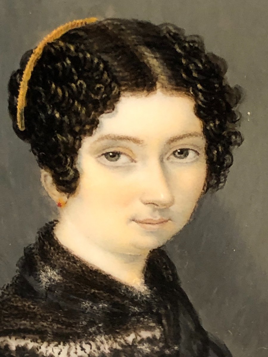 Alphonse CASSARD 1787-1842 Miniature 1828 signée et datée Jeune femme  au serre tête doré-photo-2