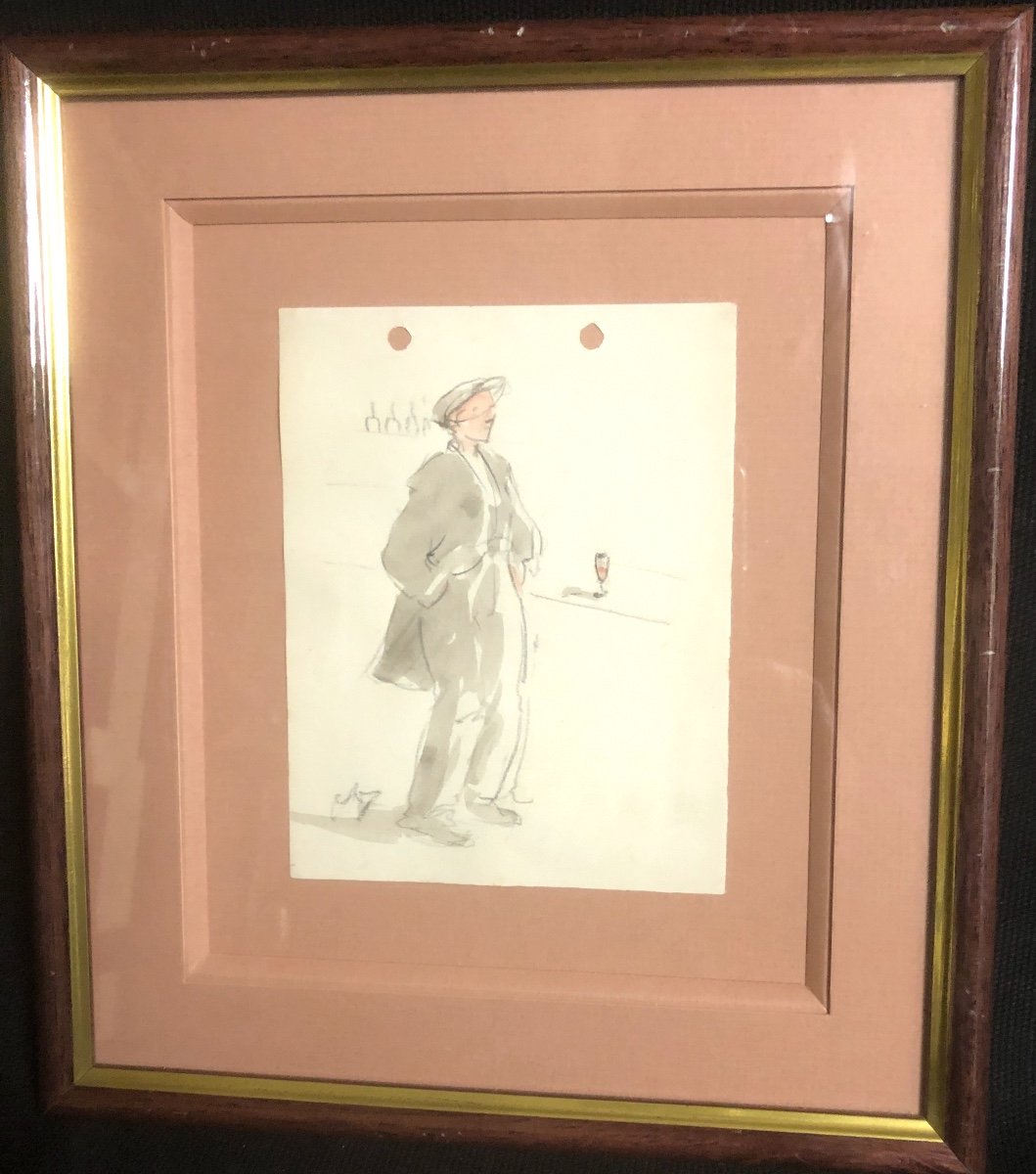 Auguste Vuillemont 1883-1970 Drawing + Watercolor Pub Bar 1/3-photo-2
