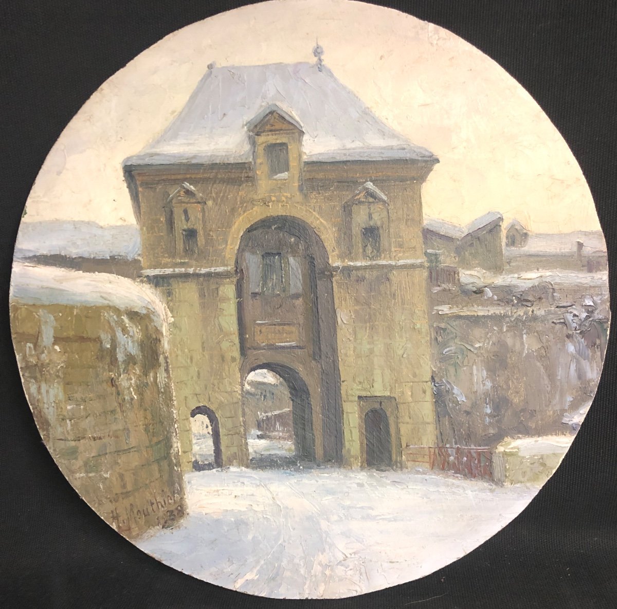 Hippolythe MOUTHIER 1880-1975 Huile Porte St Laurent sous la neige à Grenoble 1938 Dauphiné -photo-2