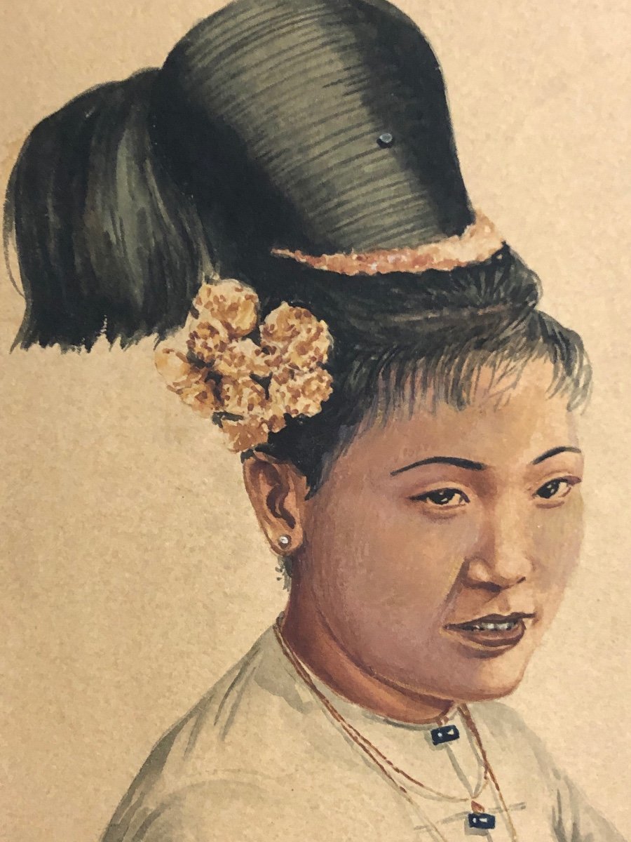 Maung Su VATANABON 1903-1965 RARE aquarelle Femme Birmane Rangoon Birmanie-photo-1