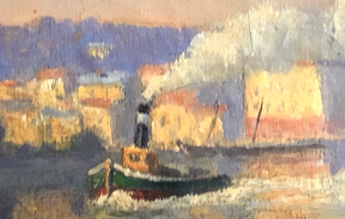 Leon UZAL XIXe-XXe Huile Péniche et remorqueur-photo-4