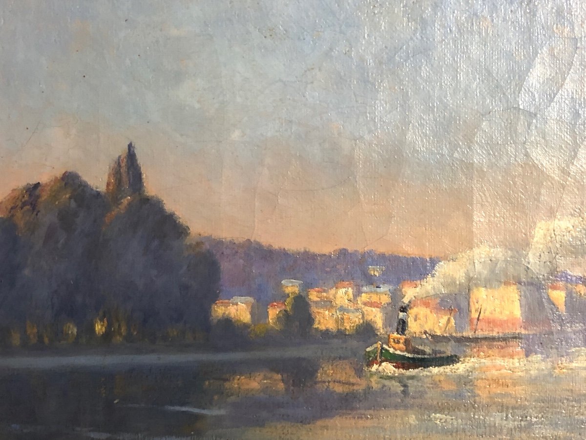 Leon UZAL XIXe-XXe Huile Péniche et remorqueur-photo-2