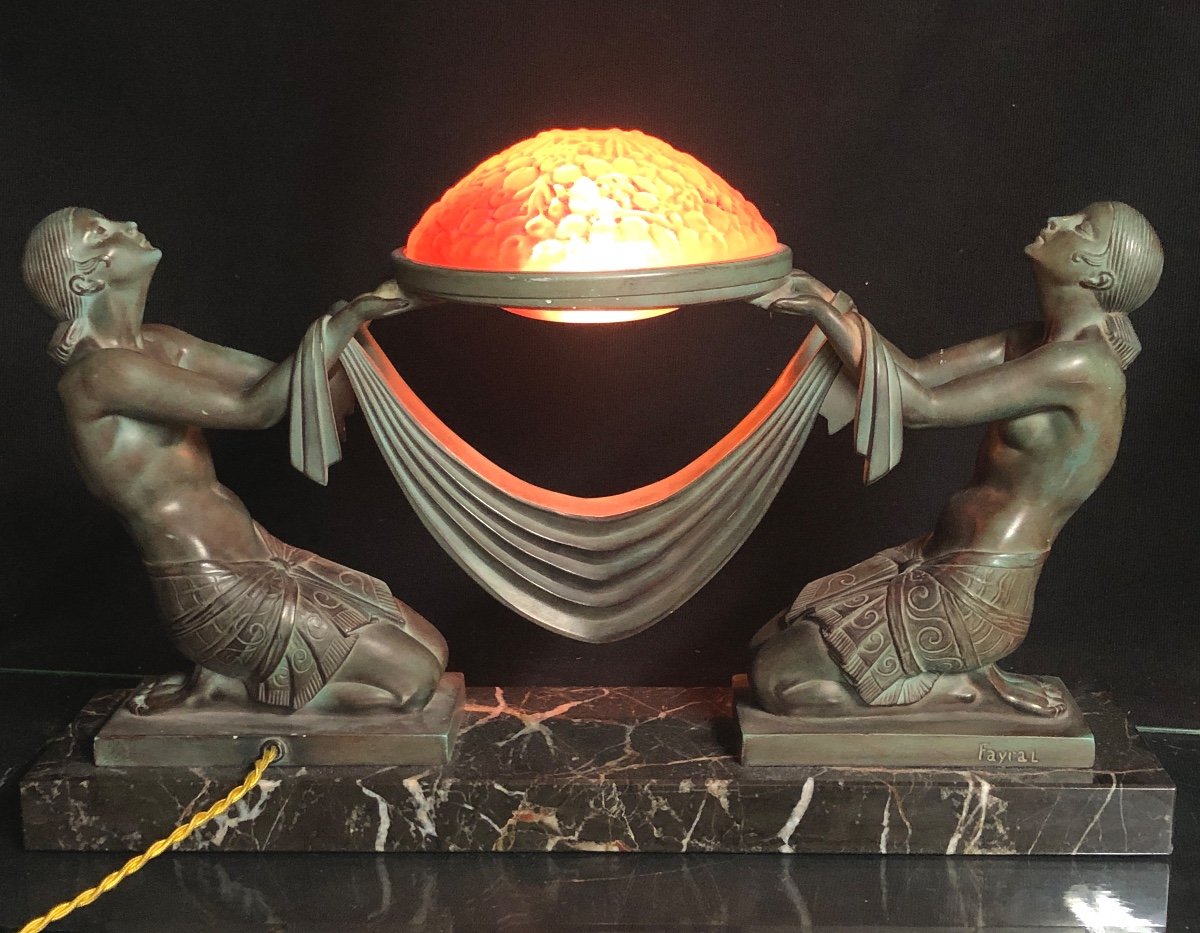 FAYRAL LE FAGUAYS Importante et rare Lampe Art Deco Offrande ou Floréal -photo-4