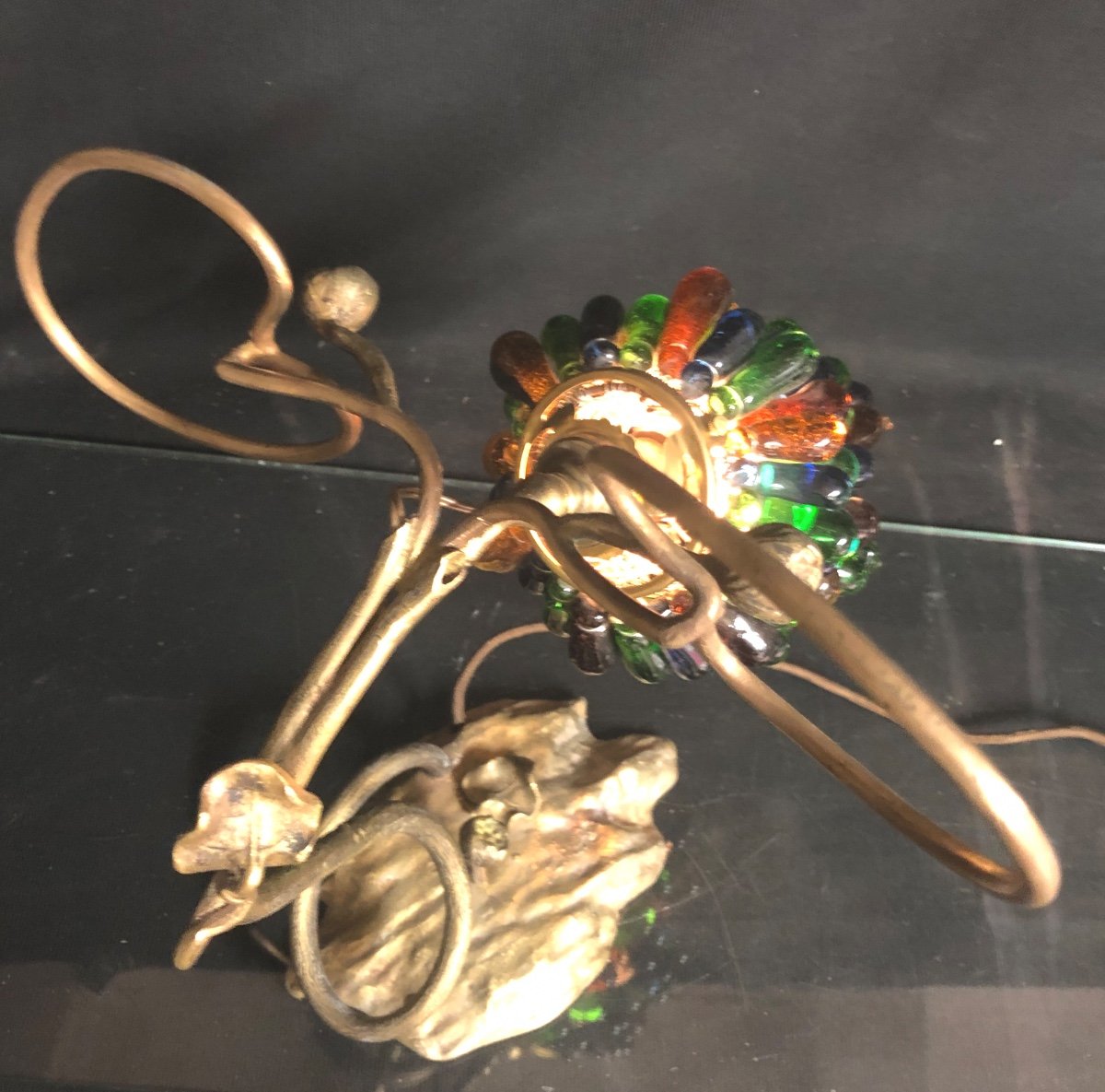 Lampe Art Nouveau 39 cm 1900 En Bronze Lotus Et Verre Coloré De Murano-photo-6