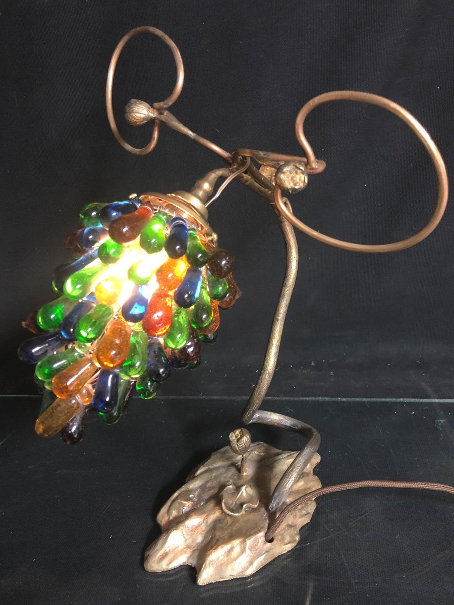 Lampe Art Nouveau 39 cm 1900 En Bronze Lotus Et Verre Coloré De Murano