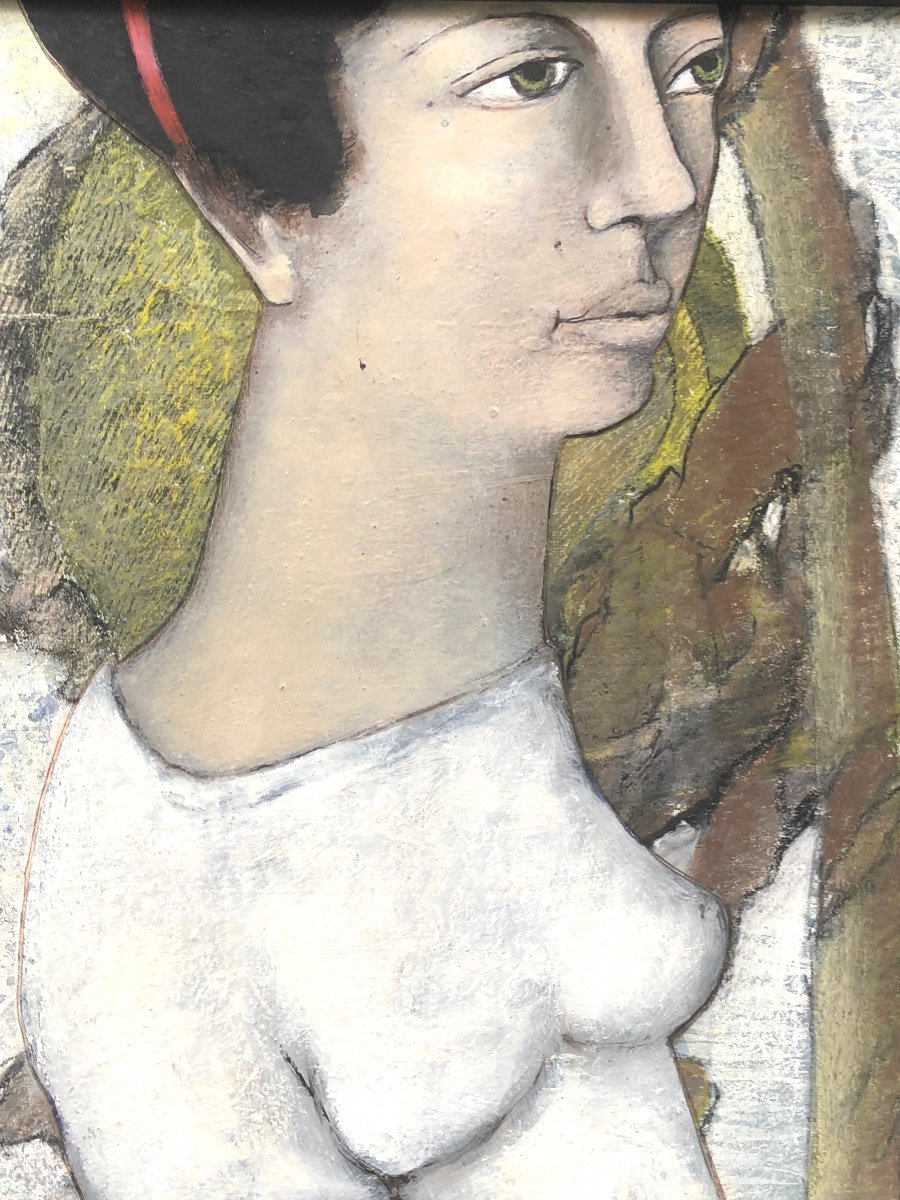 Denise BOURDOUXHE 1925-1990 Grande huile Femme au tournesol-photo-1