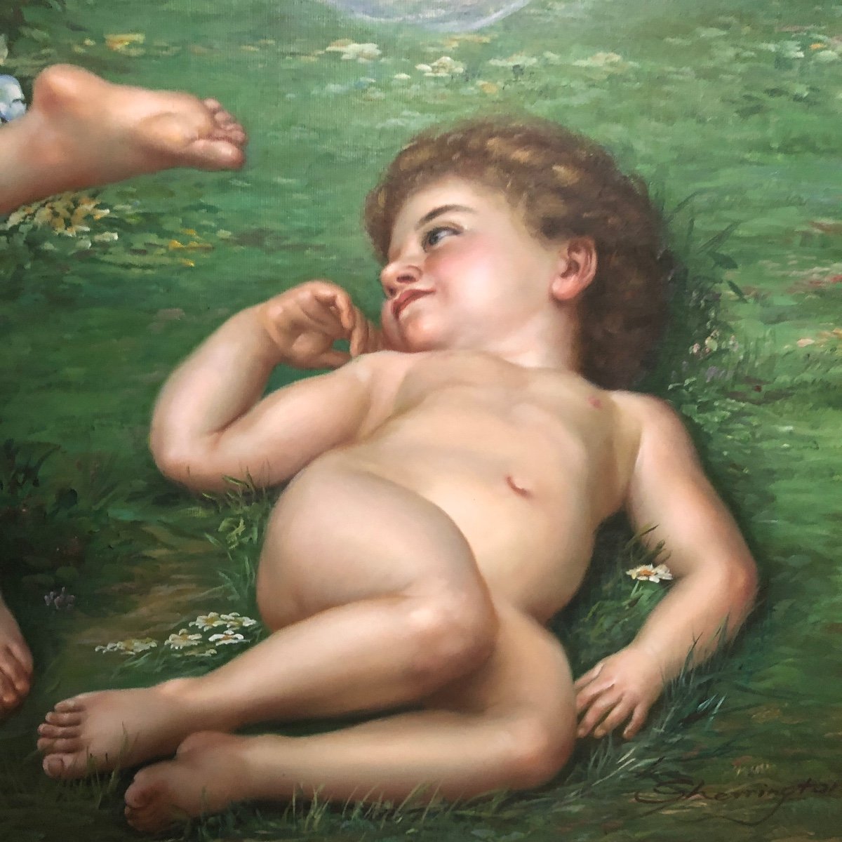 SHERRINGTON XXe IMPORTANTE huile Venus et Anges 141x110 cm Angelots Amour-photo-2