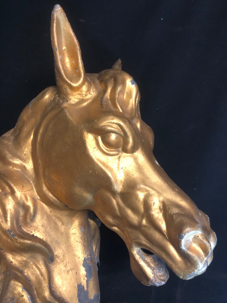 RARE ENSEIGNE de boucherie chevaline XIXe Tete de cheval en zinc doré -photo-5