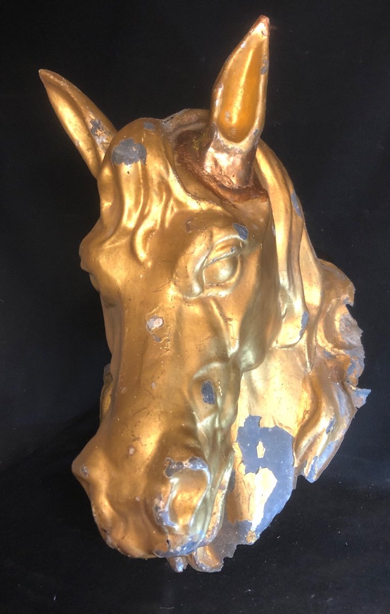 RARE ENSEIGNE de boucherie chevaline XIXe Tete de cheval en zinc doré -photo-6