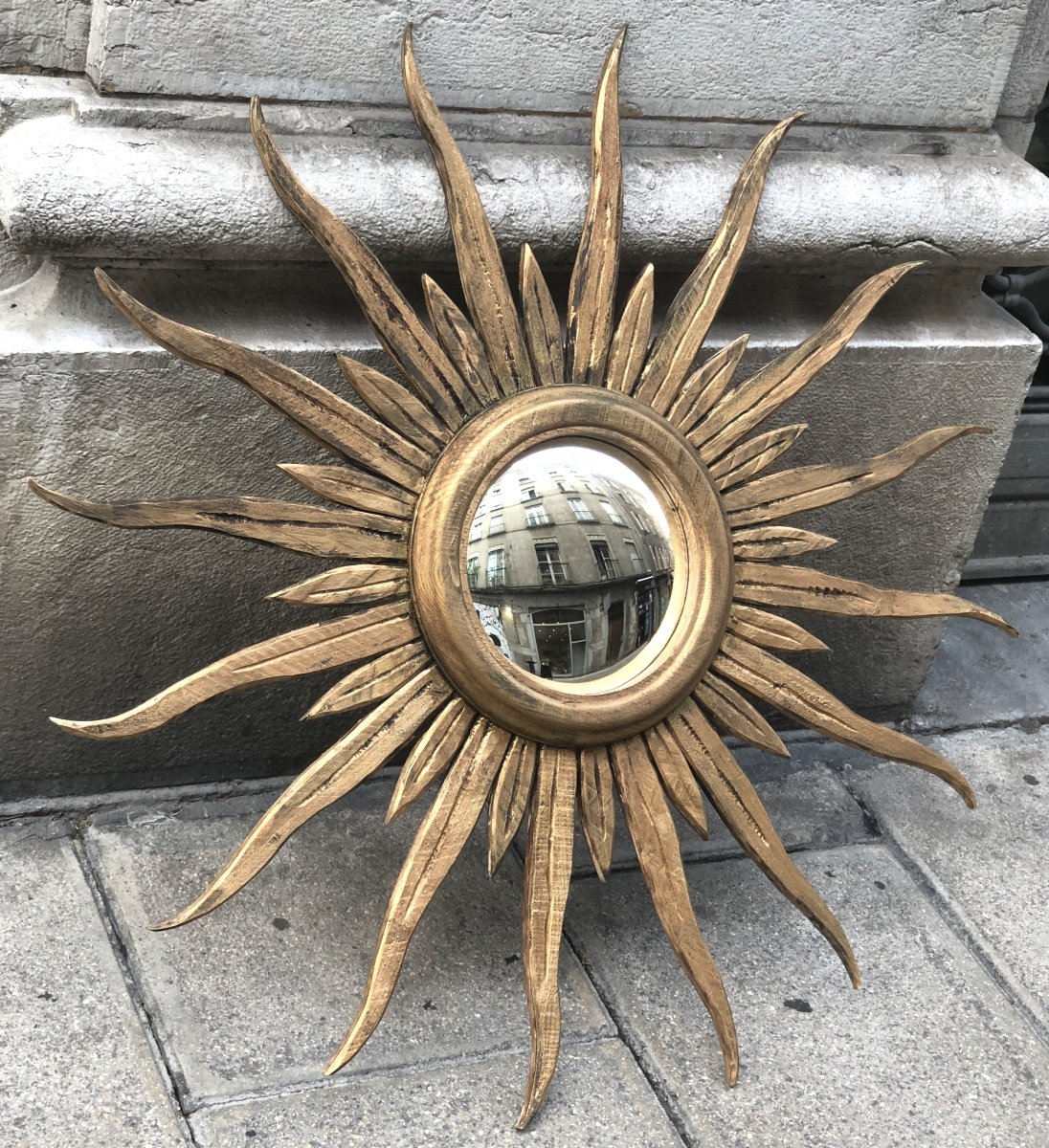 Very Large Sun Witch Mirror 96 Cm In Bomb And Deforming Wood-photo-3