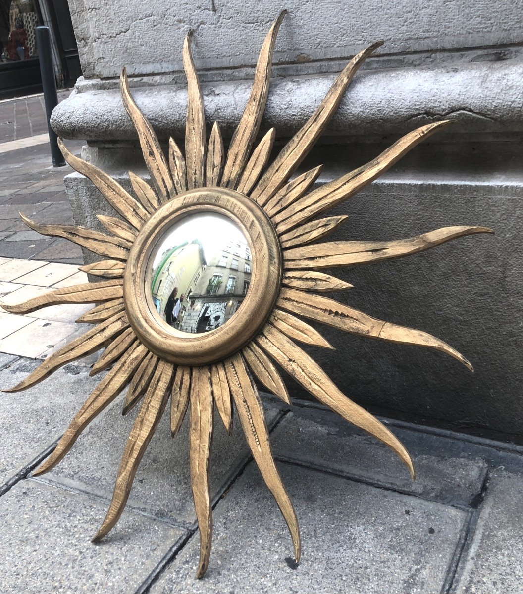 Very Large Sun Witch Mirror 96 Cm In Bomb And Deforming Wood-photo-4