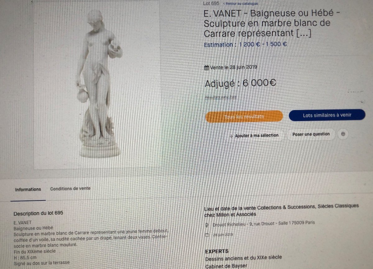 E. Vanet 19th-20th Important Sculpture 61 Cm White Marble Art Deco 1930-photo-4