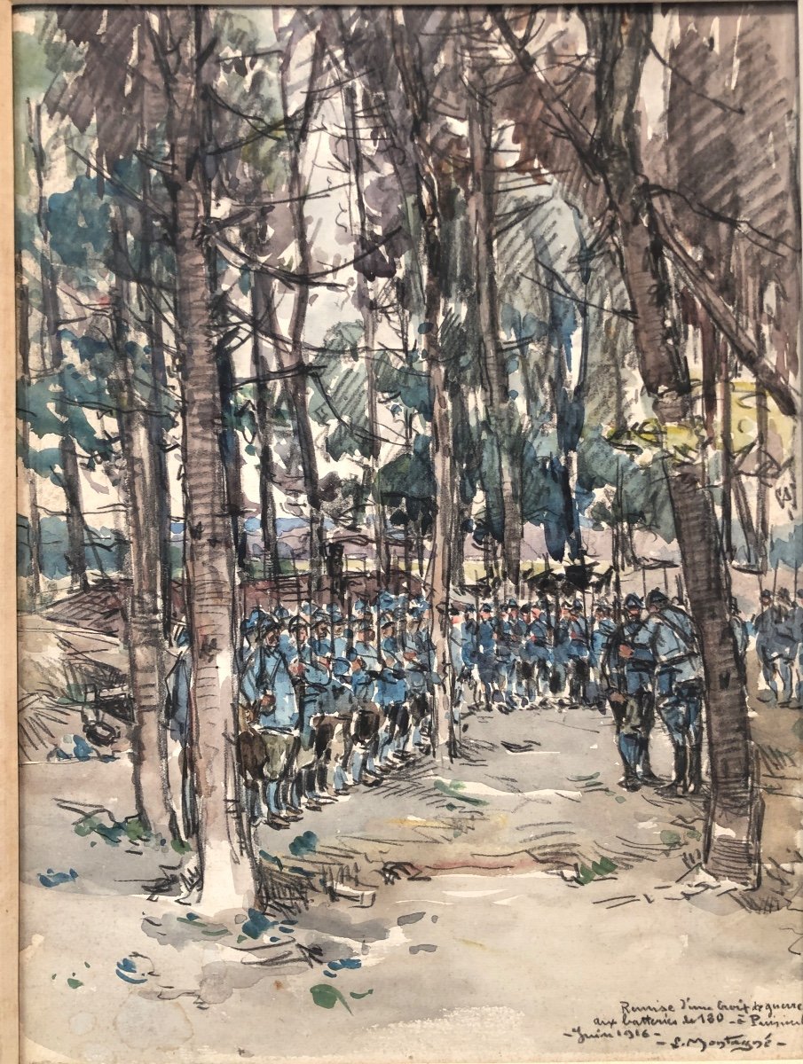 Louis MONTAGNÉ Avignon 1879-1960 RARE Aquarelle Militaria 1916 Croix de Guerre Militaire 