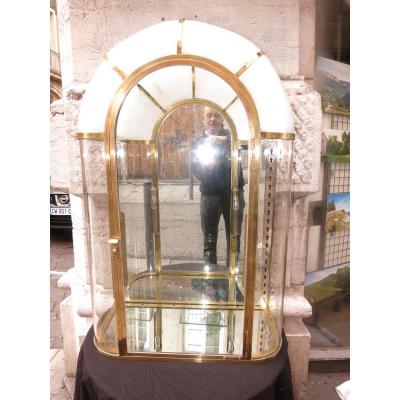 Rare Vitrine Galbée Siegel Art Deco En Laiton Eclairante H: 92 Cm En Tbe