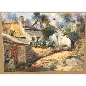 Théophile Nicolet 19th-20th Century Watercolor Towards Pont Aven Brittany /1