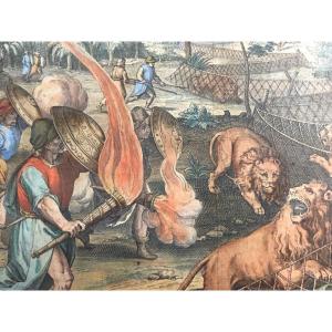 J.COLLAERT 1566-1628 d’après Philippe GALLE 1537-1612 Ancienne gravure Chasse au lion Flamand lions