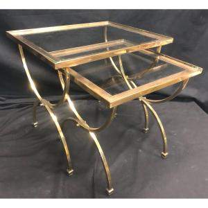 Pair Of 1970 Nesting Tables In Neoclassical Bronze And Tempered Glass In Taste Of Jansen