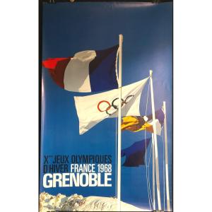 Affiche Originale 1968 JEUX OLYMPIQUES D'HIVER DE GRENOBLE Drapeaux Sport