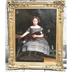 Edouard PAREZ 1823-1880 IMPORTANTE Huile Jeune fille aux jouets 137x112cm Belgique Blason Noblesse