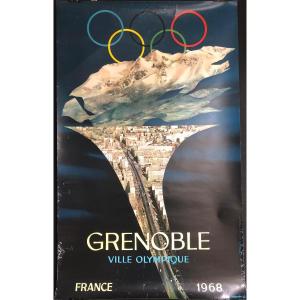 Affiche Originale 1968 GRENOBLE VILLE OLYMPIQUE Jeux Olympiques d’hiver Flamme Sport