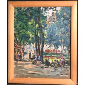 Paulette GENET 1892-1983 Huile LYON PLACE BELLECOUR sous les marronniers /6