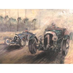 Rob ROY 1909-1992 RARE Huile 24H DU MANS 1929 Course Automobile Rétro Mobile