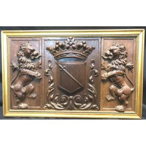 Rare Coat Of Arms In 18th Century Carved Wood With Arms Marquis De Villeneuve d'Arifat Toulouse And Count Of Saignes Languedoc Crown