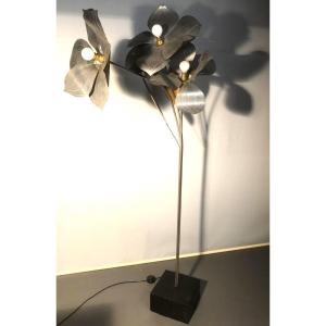 Lampadaire Fleurs 1960 en métal argenté et laiton 175 cm