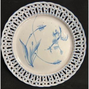 émile Gallé 1846-1904 For St Clément Large Openwork Blue Dish In Earthenware Signed