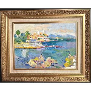 Fred Yates England 1922-2008 Oil Antibes Bather And Fisherman Signed Dated