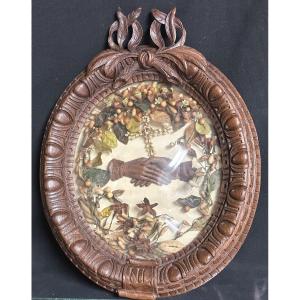 Large Oval Medallion In Carved Wood And Curved Glass Friendship Hands