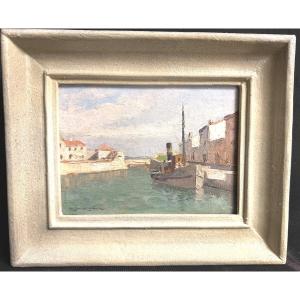 Christian COUILLAUD 1904-1964 Huile St Martin de Ré Bateau à quai île de Ré Saint Martin Le Champlain