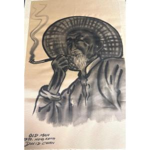 David Chan XXth Pipe Smoker Painting On Silk Hong Kong Signed