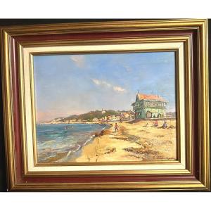 Etienne MARTIN 1858-1945 RARE Huile Plage du Prado animée à Marseille en 1931 signée Digne 