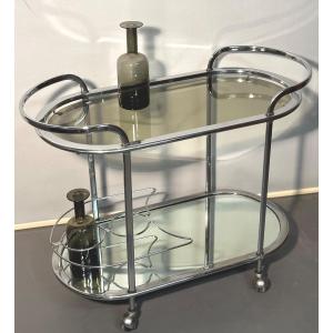 Rolling Trolley Design 1970 Table Bar Servant In Chrome And Trolley Glass