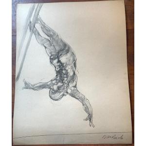 Claude Weisbuch 1927-2014 Rare Enhanced Drawing Freestyle Skiing Tignes Savoie 1986 In Very Good Condition /1