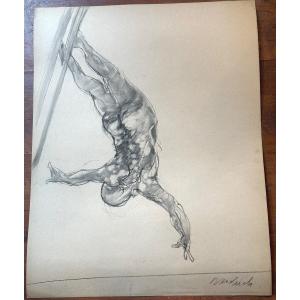 Claude WEISBUCH 1927-2014 RARE Dessin rehaussé Ski acrobatique Tignes 1986 Savoie skieur En très bon état  /1