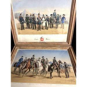 Armée SUISSE  2 Lithographies couleurs  XIXe Demiere et Lemercier Militaria Gravure