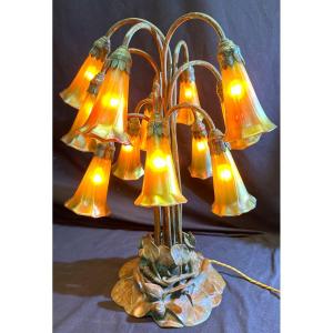 RARE Lampe TIFFANY 1908 Modèle LILY POND 12 Lumières Authentique et signée  LCT New York