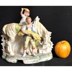 Young Horseman Aux Moissons Large Empty Pocket Biscuit Planter Late 19th Century Signed Cheval /4