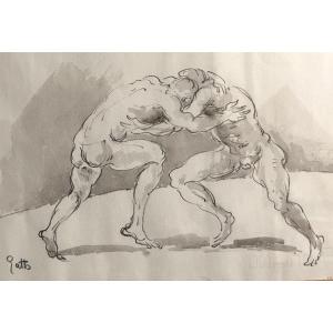 Saverio GATTO 1877-1959 Les Lutteurs 2 Hommes nus au combat dessin aquarellé  /1